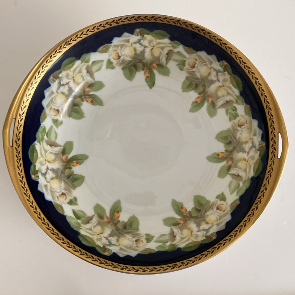 Vintage Rosenthal Donatello Bavaria White Rose Hand Hand Painted Colbalt bowl